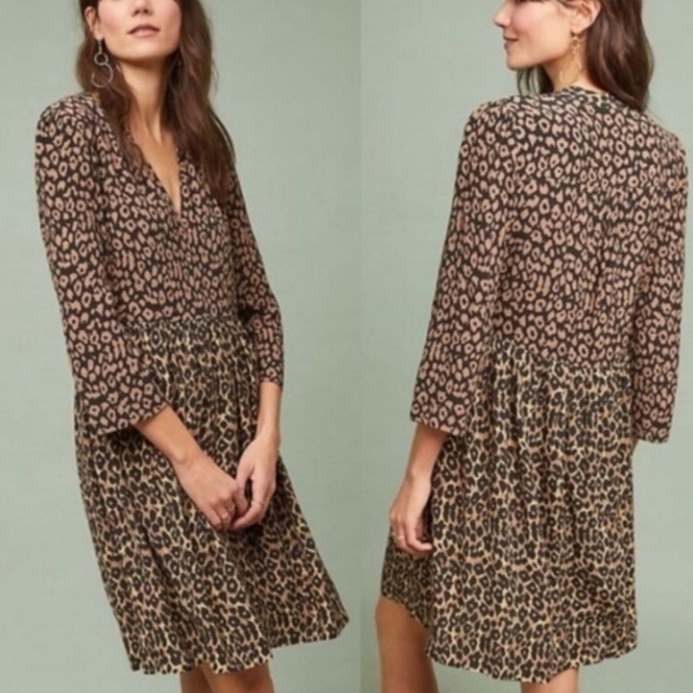 Maeve Long Sleeve V-neck Animal Print Peasant Oversized Dress- size S